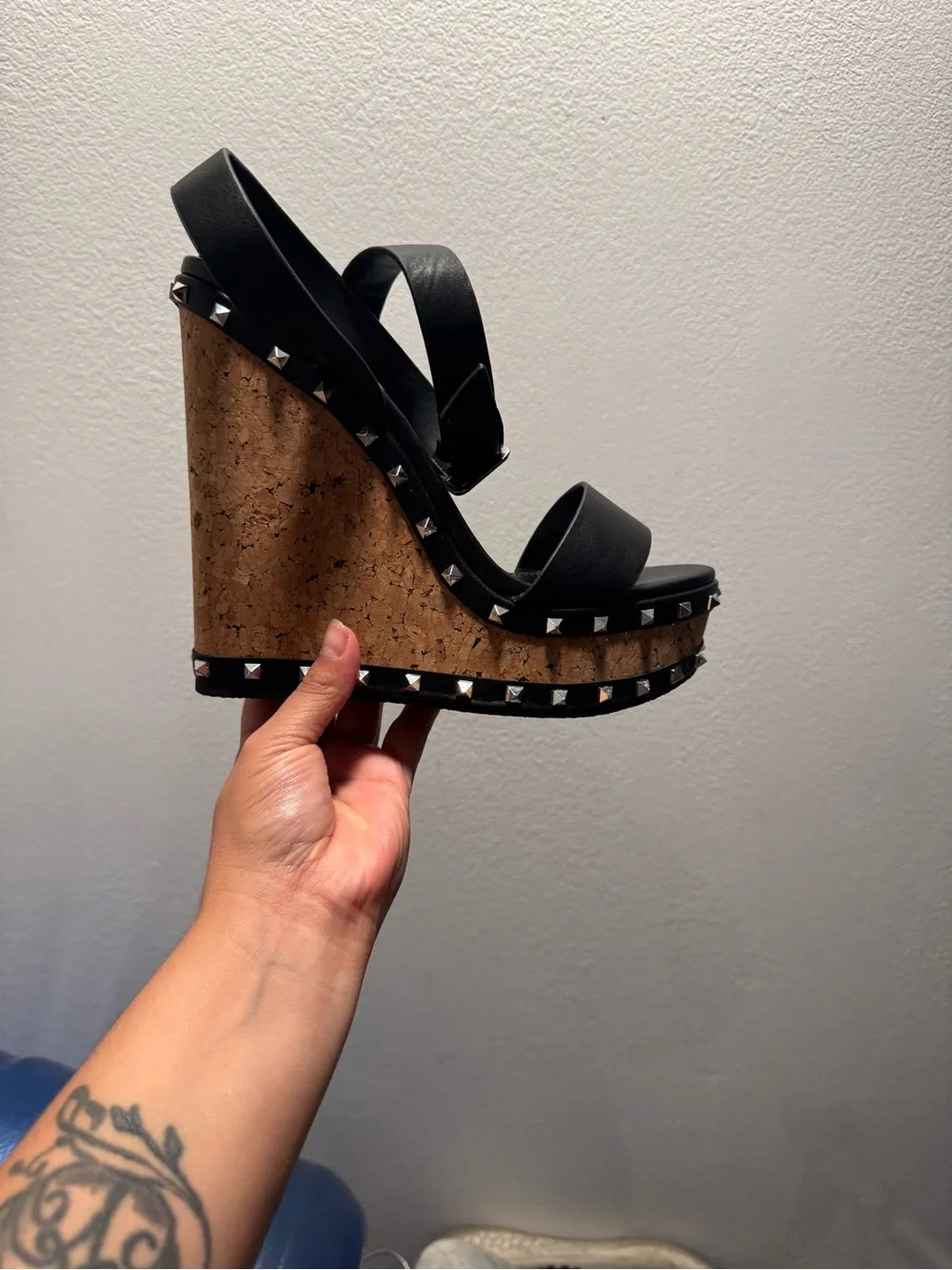 Steve Madden Black Cork Wedge Sandals with Silver Studs